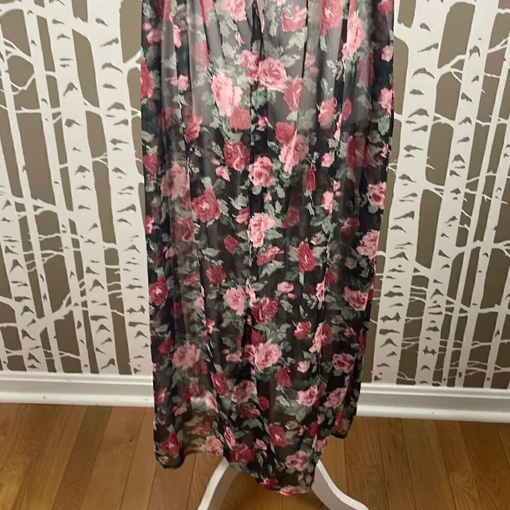 Foreign Exchange Long Sheer Rose Print Lace Back Open Front Maxi Vest Duster sz - Picture 7 of 10